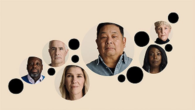 Abstract visual featuring black circular shapes and 6 patient headshots arranged on a beige background