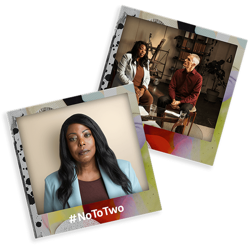 Two-photo collage showing stroke survivor Hyvelle in a Teal jacket with the hashtag #NoToTwo and another photo with a man sitting beside her.