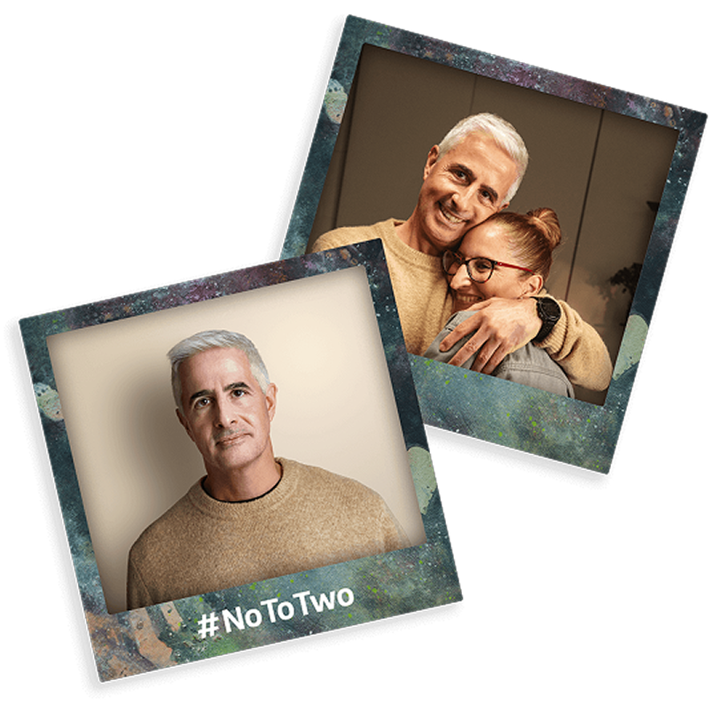 Two-photo collage showing stroke survivor Javier in a beige sweater with the hashtag #NoToTwo and another photo of him indoors holding a woman. 