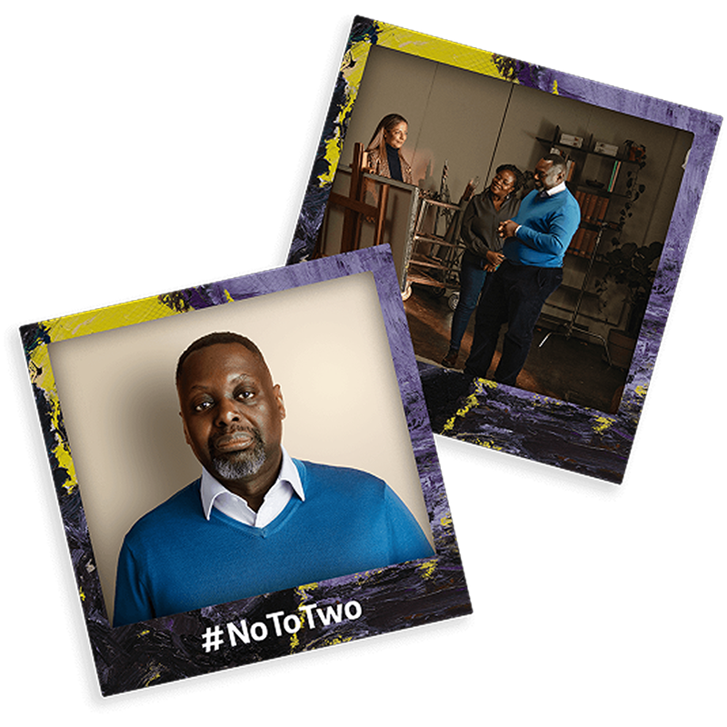 Two-photo collage showing stroke survivor Richard in a blue sweater with the hashtag #NoToTwo and another photo indoors with two individuals.