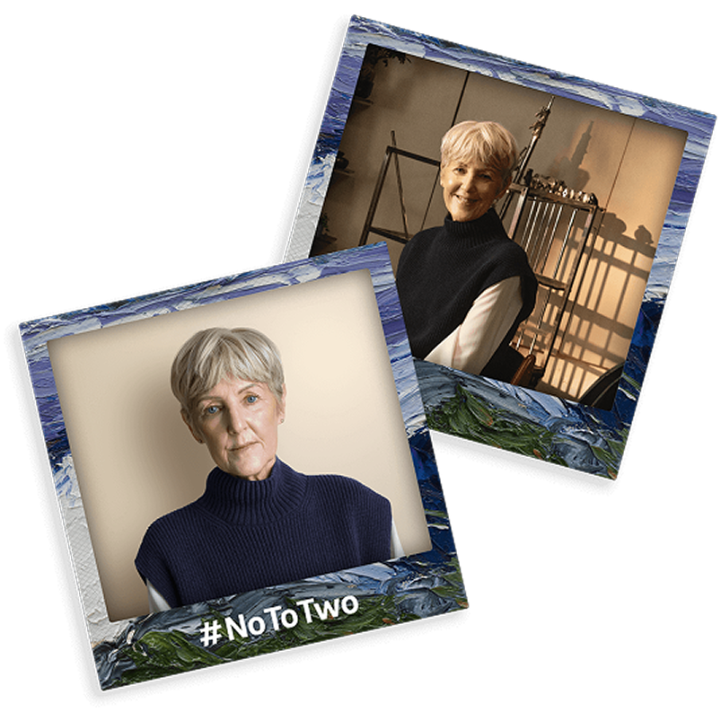 Two-photo collage showing stroke survivor Sas: one photo wearing a sweater with the hashtag #NoToTwo, and another photo sitting indoors and smiling.