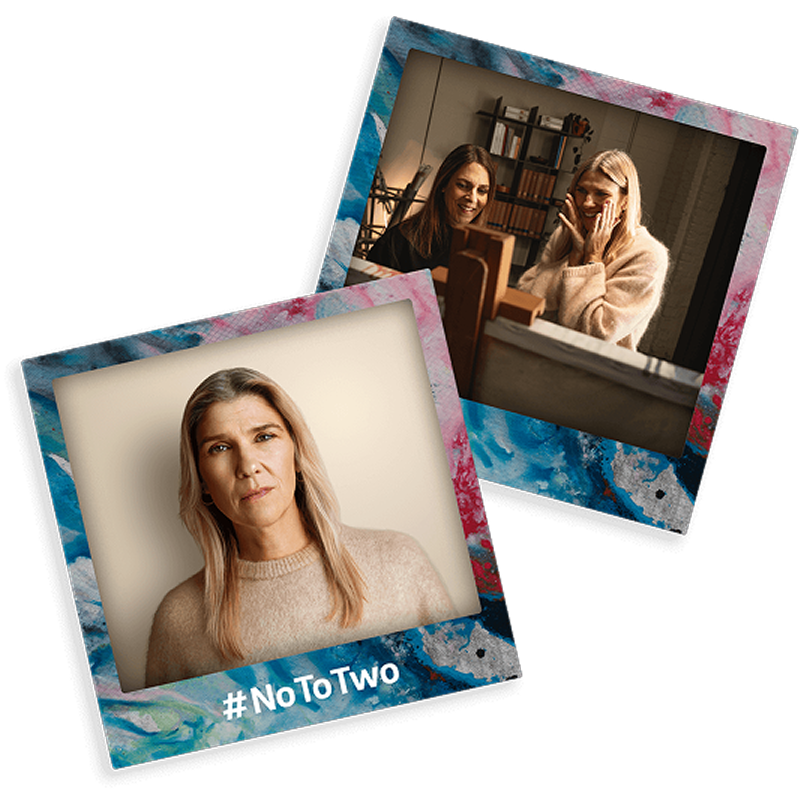 Two-photo collage showing stroke survivor Stacie: one photo wearing a beige sweater with the hashtag #NoToTwo, and another photo indoors with the artist standing next to her.