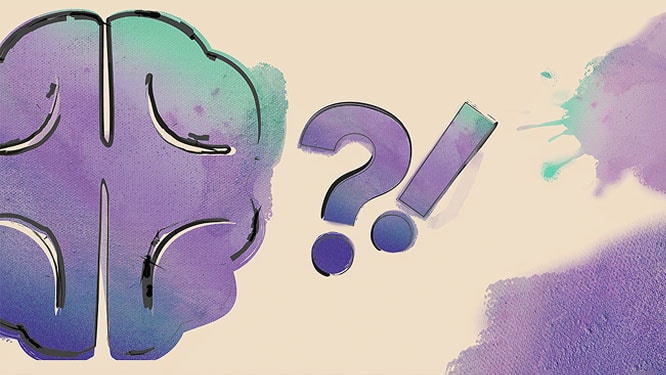 Abstract visual with a purple brain illustration, question mark, and exclamation point.