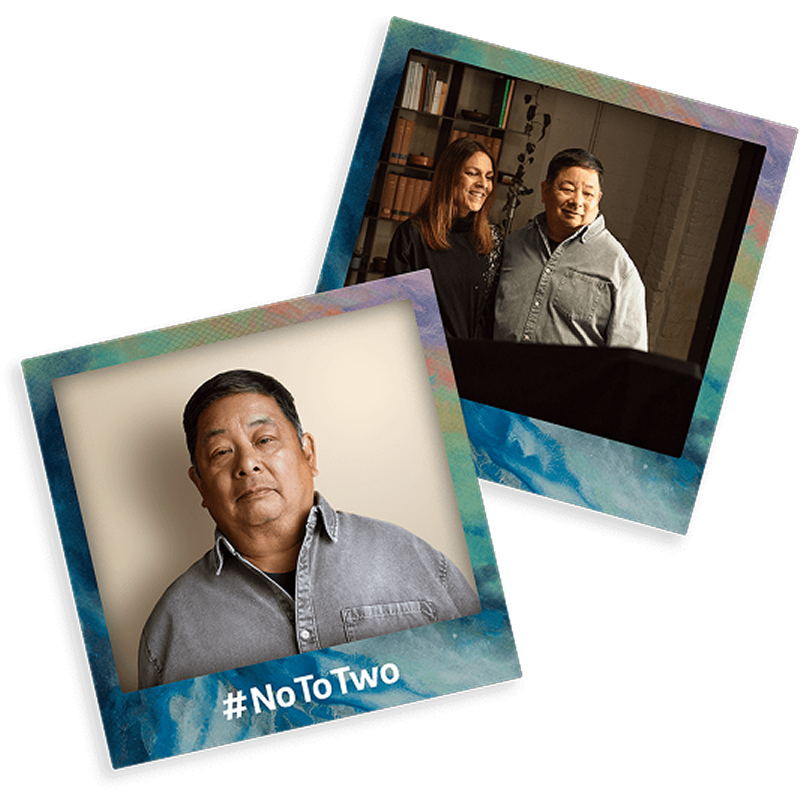 Two-photo collage showing stroke survivor Kevin: one photo wearing a gray shirt with the hashtag #NoToTwo, and another photo with the artist standing next to him.