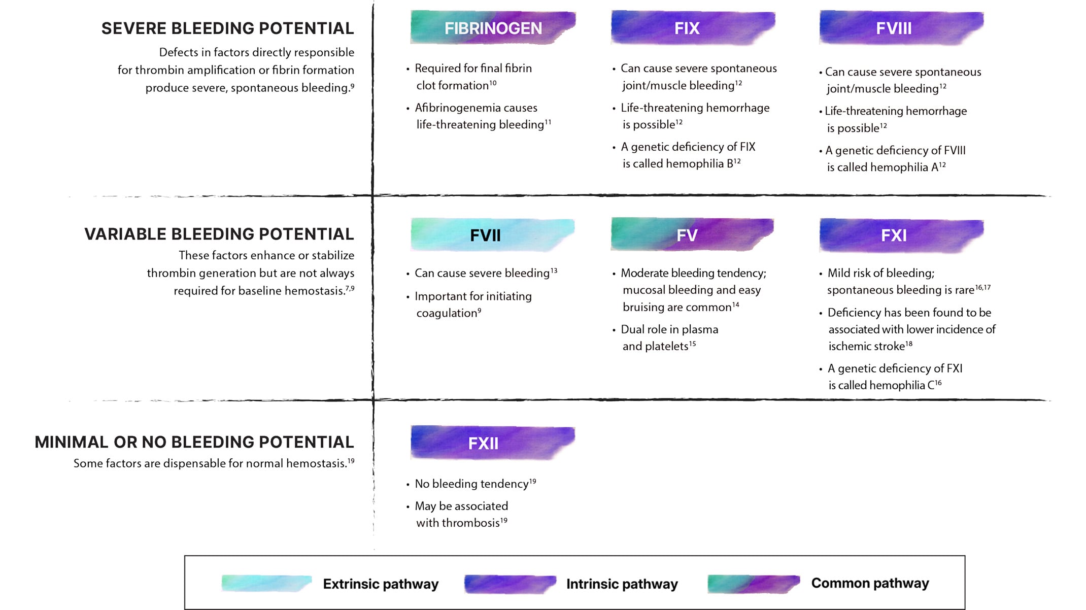 Chart categorizing coagulation factors by severe, variable, minimal or no bleeding potential, with factors grouped by extrinsic, intrinsic, and common pathways.